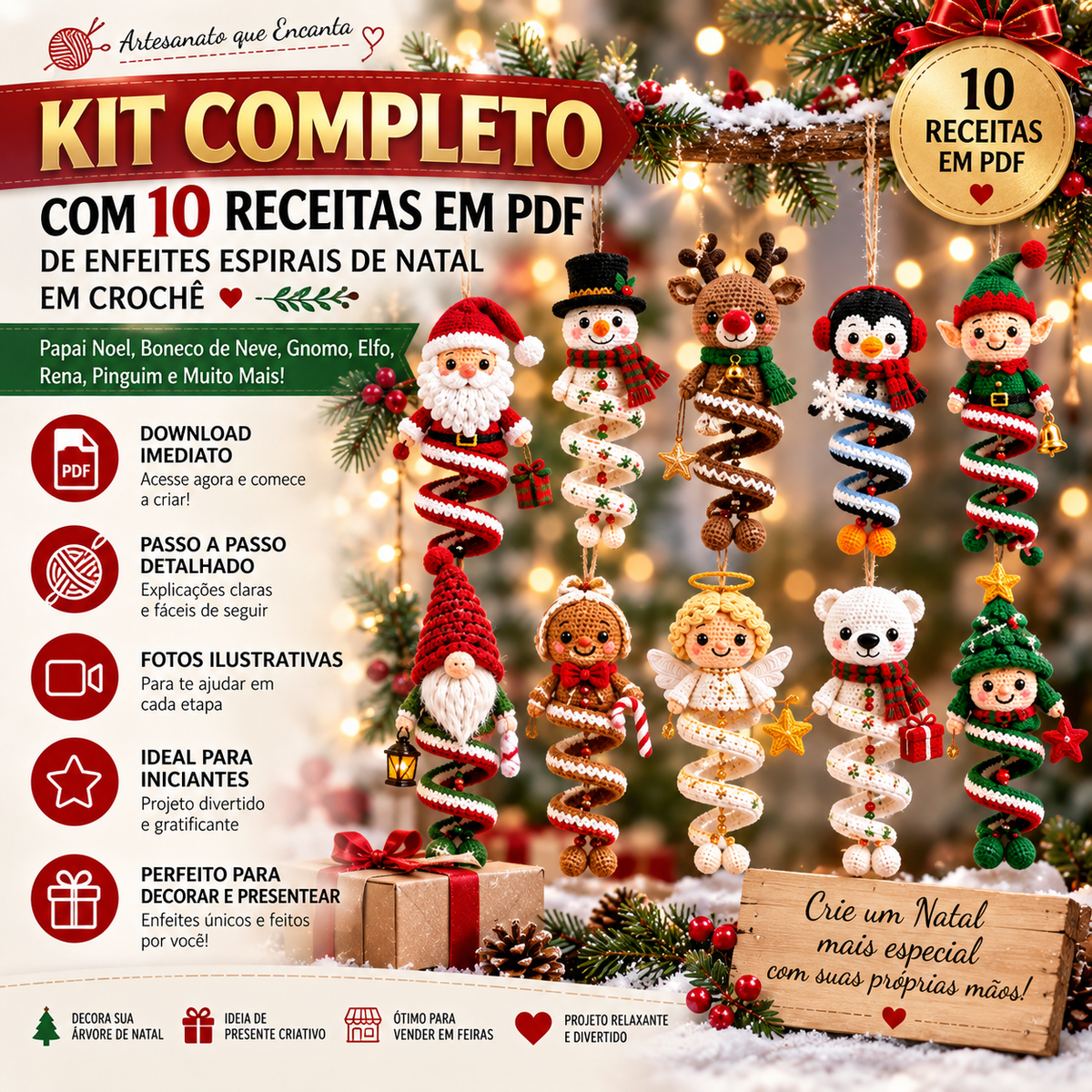 Kit Completo com 10 Receitas em PDF de Enfeites Espirais de Natal em Crochê | Papai Noel, Boneco de Neve, Gnomo, Elfo, Rena, Pinguim e Muito Mais | Download Imediato