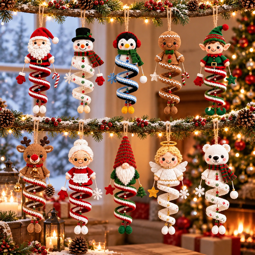 Kit Completo com 10 Receitas em PDF de Enfeites Espirais de Natal em Crochê | Papai Noel, Boneco de Neve, Gnomo, Elfo, Rena, Pinguim e Muito Mais | Download Imediato