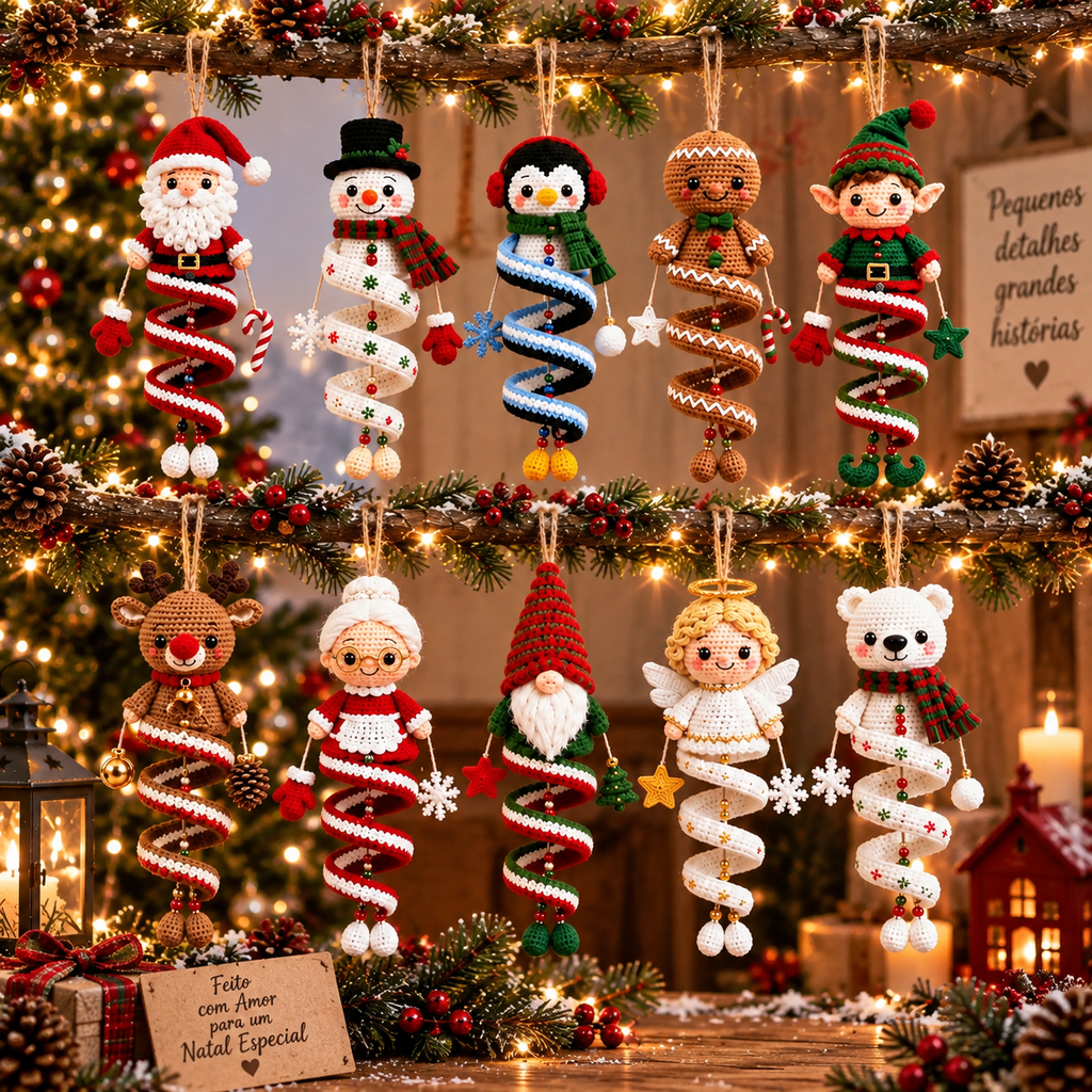 Kit Completo com 10 Receitas em PDF de Enfeites Espirais de Natal em Crochê | Papai Noel, Boneco de Neve, Gnomo, Elfo, Rena, Pinguim e Muito Mais | Download Imediato